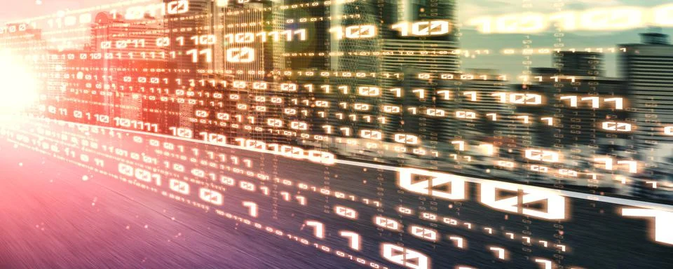 Digital data flow on road with motion blur to create vision of fast speed イラスト素材