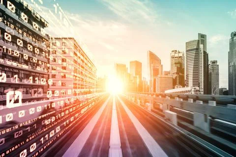 Digital data flow on road with motion blur to create vision of fast speed 스톡 일러스트