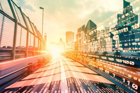 Digital data flow on road with motion blur to create vision of fast speed 스톡 일러스트