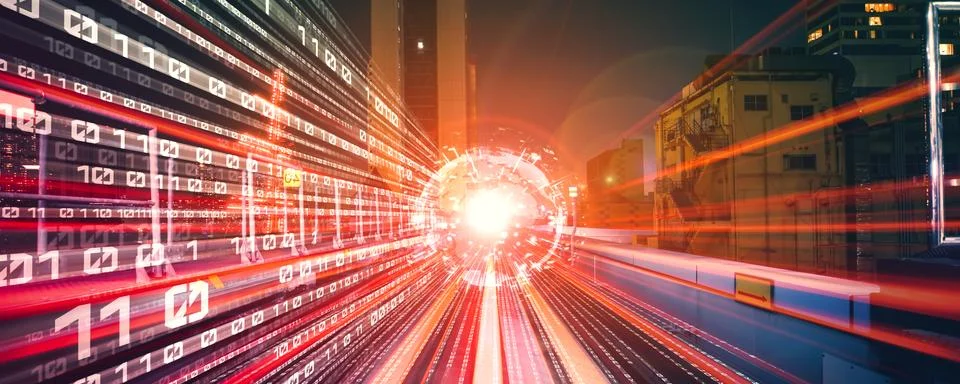 Digital data flow on road with motion blur to create vision of fast speed イラスト素材