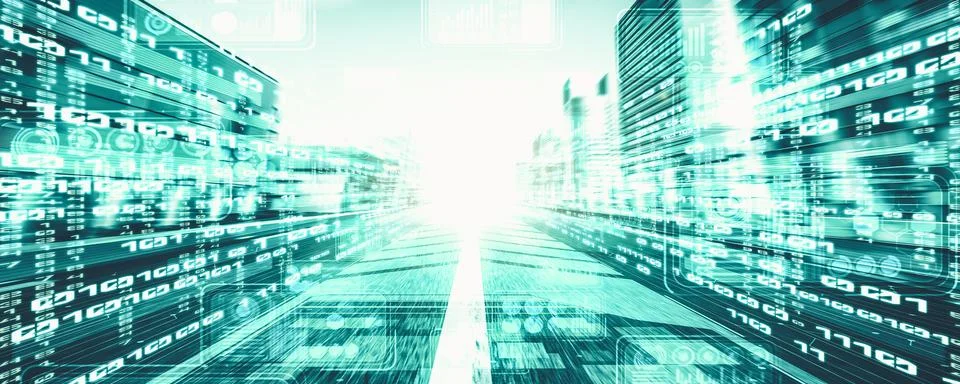 Digital data flow on road with motion blur to create vision of fast speed イラスト素材