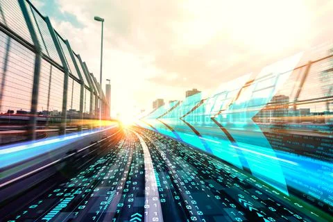 Digital data flow on road with motion blur to create vision of fast speed イラスト素材