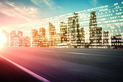 Digital data flow on road with motion blur to create vision of fast speed Stock Illustration