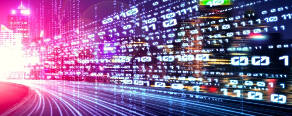 Digital data flow on road with motion blur to create vision of fast speed Stock Illustration