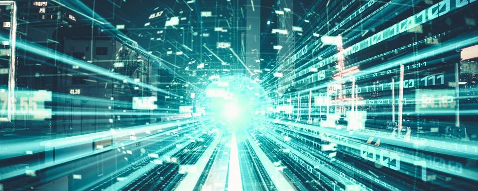 Digital data flow on road with motion blur to create vision of fast speed イラスト素材