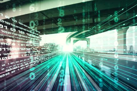 Digital data flow on road with motion blur to create vision of fast speed 스톡 일러스트