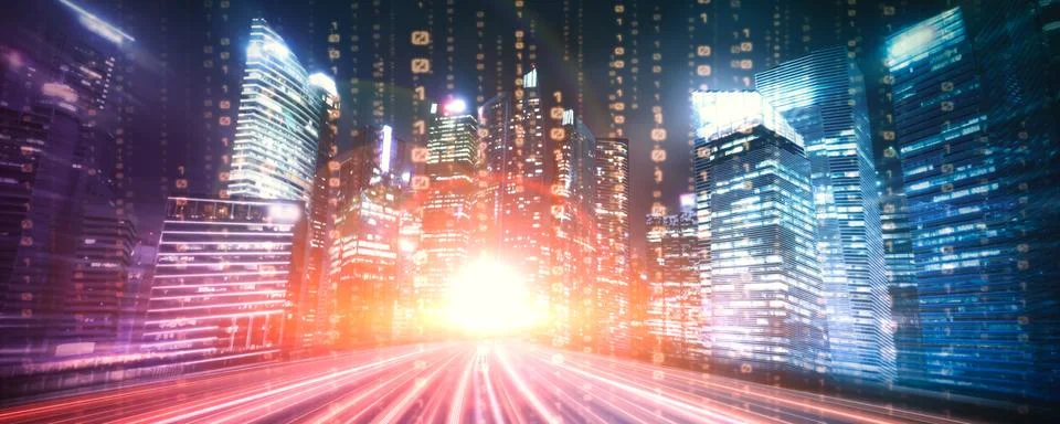 Digital data flow on road with motion blur to create vision of fast speed イラスト素材