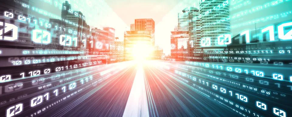 Digital data flow on road with motion blur to create vision of fast speed 스톡 일러스트