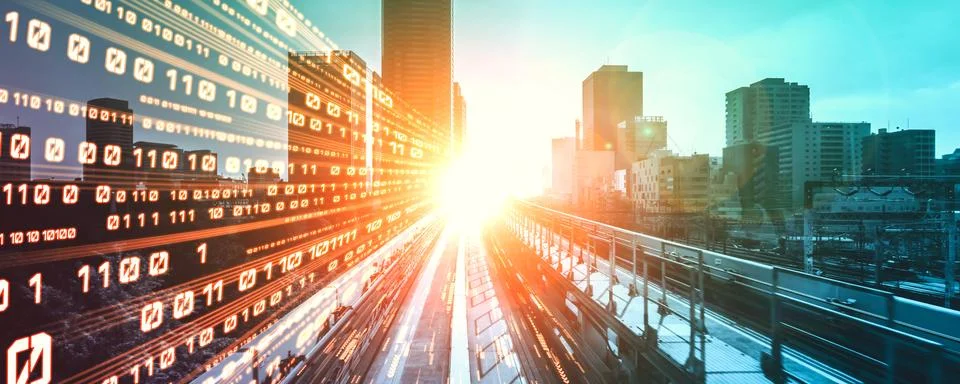 Digital data flow on road with motion blur to create vision of fast speed イラスト素材