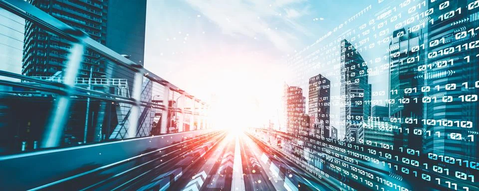 Digital data flow on road with motion blur to create vision of fast speed イラスト素材