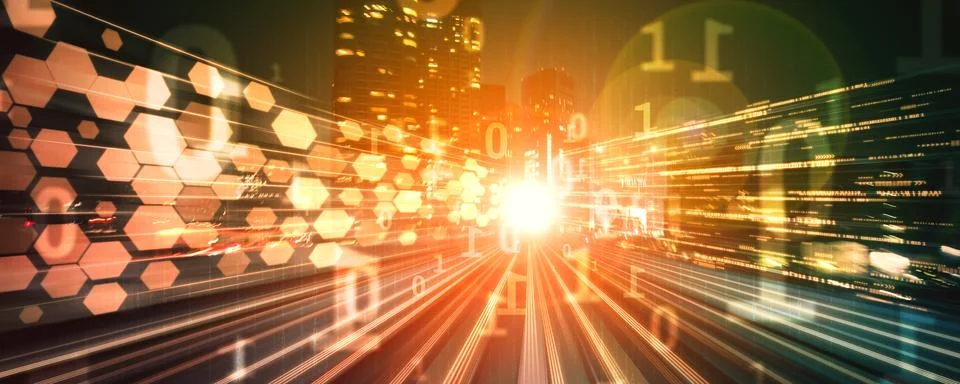 Digital data flow on road with motion blur to create vision of fast speed イラスト素材