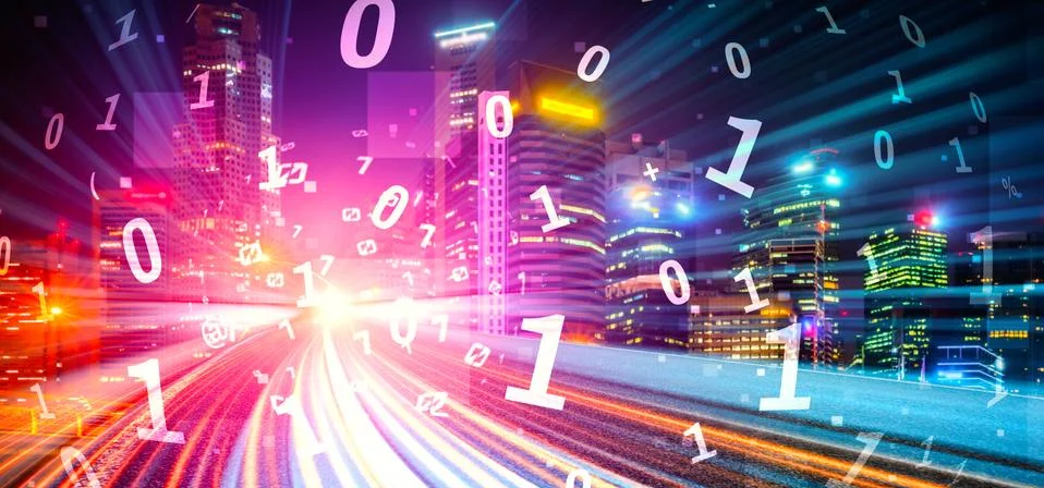 Digital data flow on road with motion blur to create vision of fast speed イラスト素材