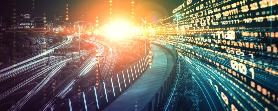 Digital data flow on road with motion blur to create vision of fast speed イラスト素材
