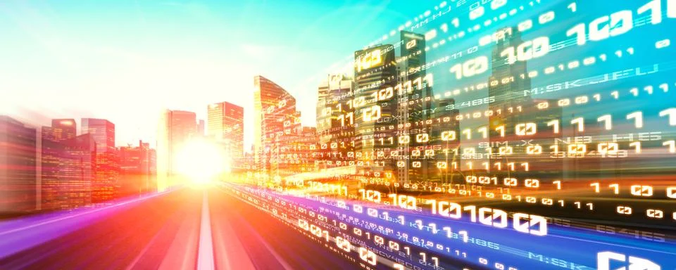 Digital data flow on road with motion blur to create vision of fast speed Stock Illustration