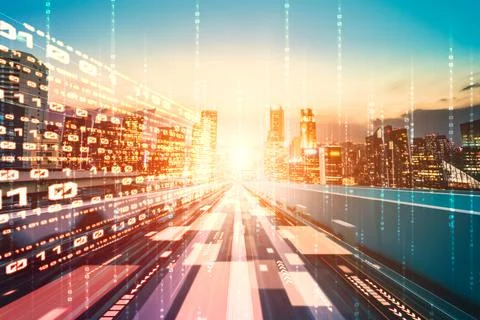 Digital data flow on road with motion blur to create vision of fast speed 스톡 일러스트