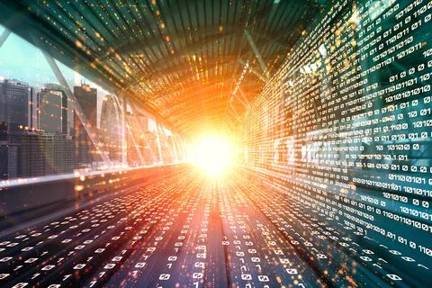 Digital data flow on road with motion blur to create vision of fast speed イラスト素材