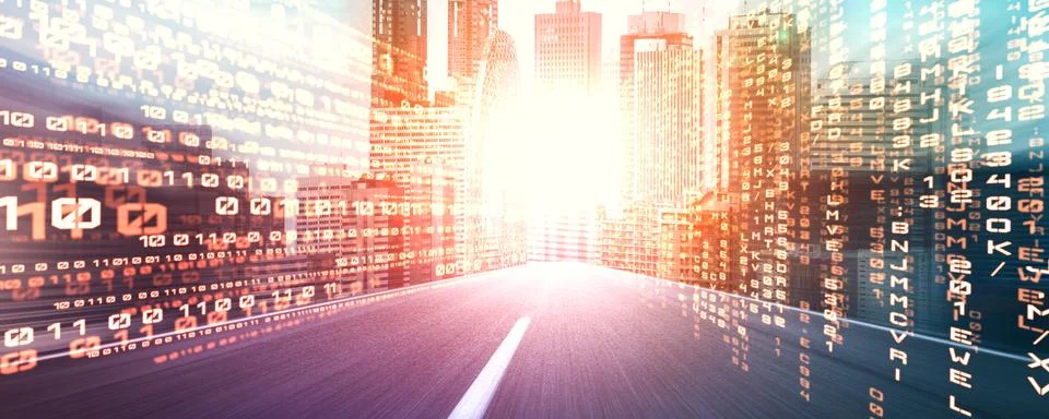 Digital data flow on road with motion blur to create vision of fast speed イラスト素材