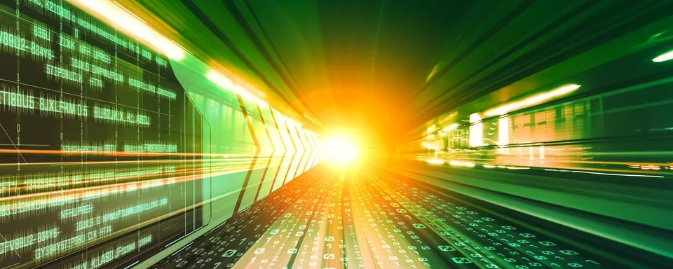 Digital data flow on road with motion blur to create vision of fast speed Illustrazione stock