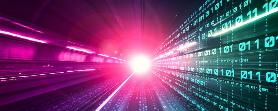 Digital data flow on road with motion blur to create vision of fast speed Illustrazione stock