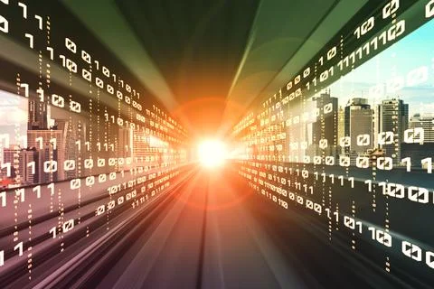 Digital data flow on road with motion blur to create vision of fast speed イラスト素材