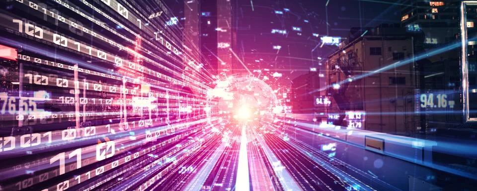 Digital data flow on road with motion blur to create vision of fast speed Stock Illustration