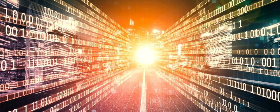 Digital data flow on road with motion blur to create vision of fast speed 스톡 일러스트