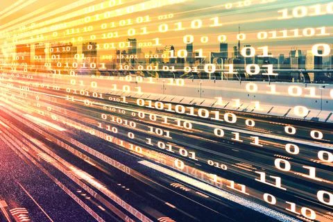 Digital data flow on road with motion blur to create vision of fast speed イラスト素材