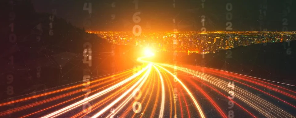 Digital data flow on road with motion blur to create vision of fast speed 스톡 일러스트