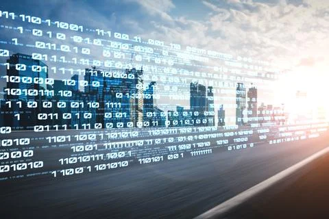 Digital data flow on road with motion blur to create vision of fast speed Foto stock