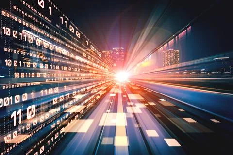 Digital data flow on road with motion blur to create vision of fast speed Stock Photos