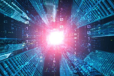 Digital data flow on road with motion blur to create vision of fast speed Foto stock