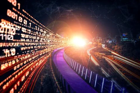 Digital data flow on road with motion blur to create vision of fast speed Stockfoto's