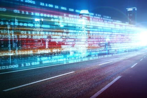 Digital data flow on road with motion blur to create vision of fast speed Stockfoto's