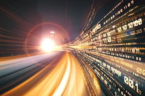 Digital data flow on road with motion blur to create vision of fast speed Foto stock