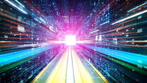 Digital data flow on road with motion blur to create vision of fast speed Stock Photos