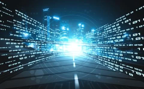 Digital data flow on road with motion blur to create vision of fast speed Foto stock