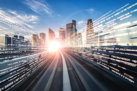 Digital data flow on road with motion blur to create vision of fast speed 스톡 사진