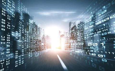 Digital data flow on road with motion blur to create vision of fast speed Stock Photos