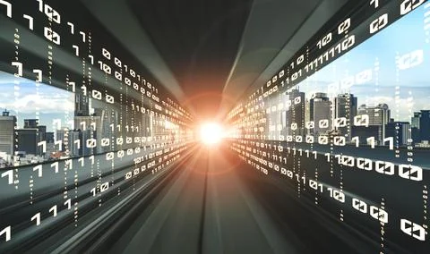 Digital data flow on road with motion blur to create vision of fast speed Stock Photos