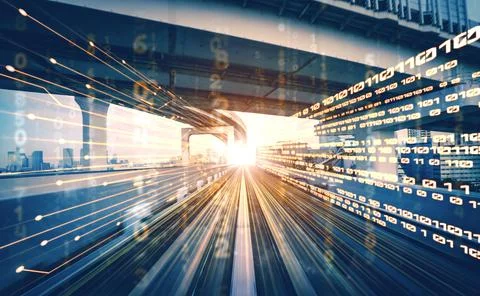 Digital data flow on road with motion blur to create vision of fast speed Stock Photos