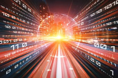 Digital data flow on road with motion blur to create vision of fast speed Stock Photos