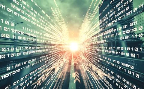 Digital data flow on road with motion blur to create vision of fast speed Foto stock