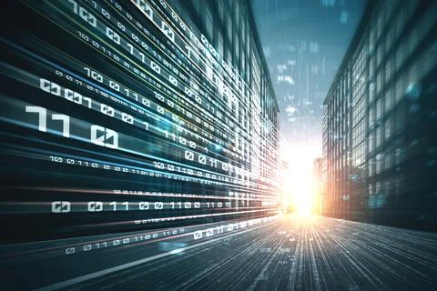 Digital data flow on road with motion blur to create vision of fast speed Foto stock