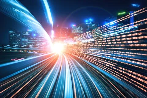 Digital data flow on road with motion blur to create vision of fast speed Stock Photos