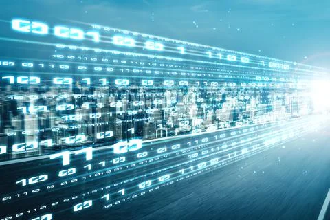 Digital data flow on road with motion blur to create vision of fast speed 스톡 사진