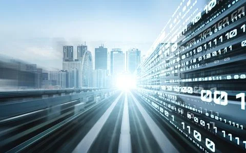 Digital data flow on road with motion blur to create vision of fast speed Stock Photos