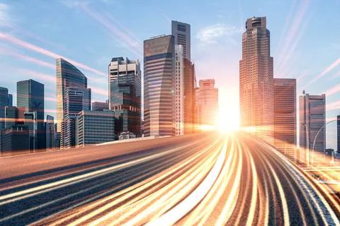 Digital data flow on road with motion blur to create vision of fast speed Foto stock