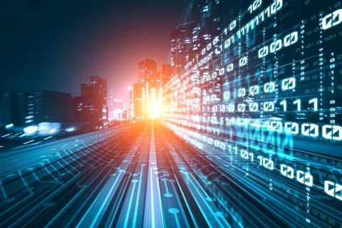 Digital data flow on road with motion blur to create vision of fast speed 스톡 사진