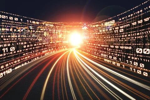 Digital data flow on road with motion blur to create vision of fast speed Foto stock