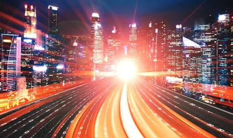 Digital data flow on road with motion blur to create vision of fast speed Stock Photos